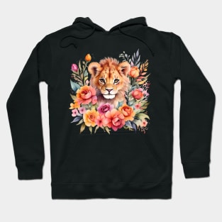 A lion cub decorated with beautiful watercolor flowers Hoodie